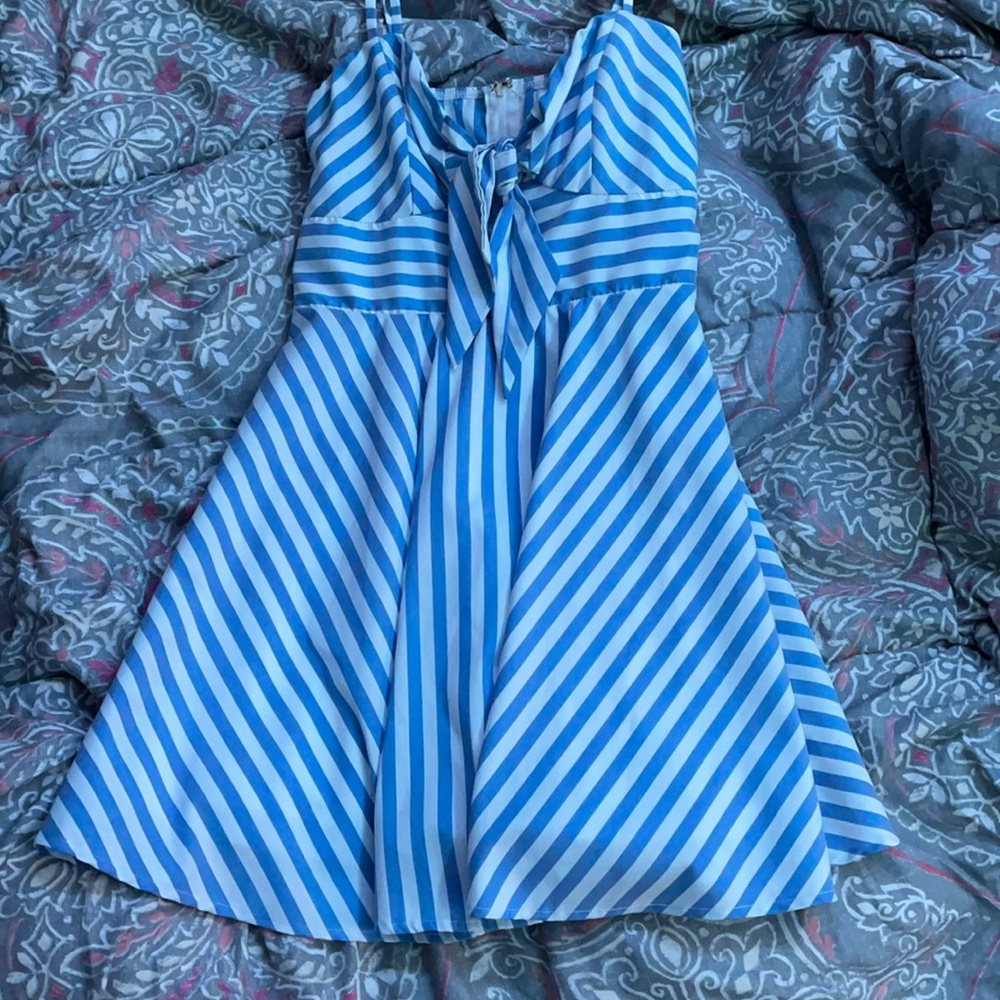 white and blue stripped dress